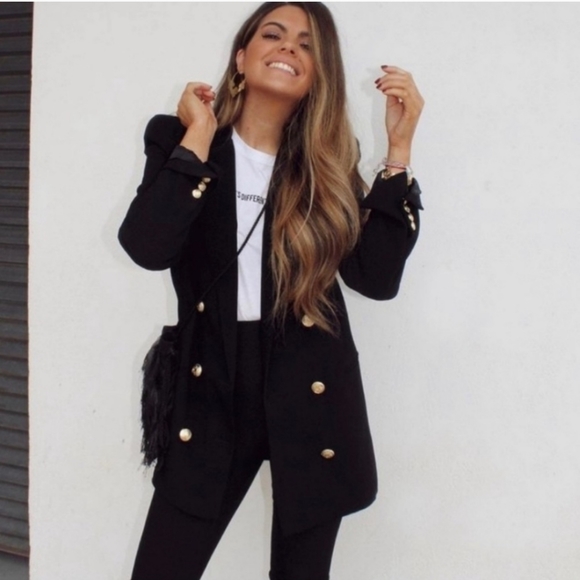 New Zara Black Shoulder Pad Double Breasted Blazer - Picture 6 of 16